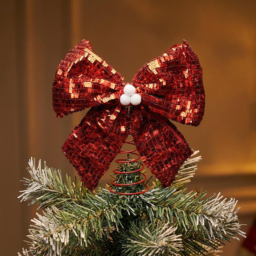 Large Shiny Sequin Bow Christmas Tree Topper with Spring Base
