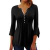 Solid Color Hollow Out V Neck Button Petal Sleeve Loose Commuting Women T Shirt