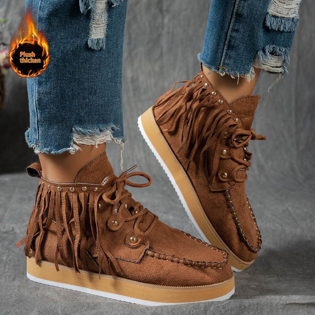 Platform Thick Soled Tassel Women's Short Boots Fashionable And Casual Retro Outdoor Lace up Boots for Women with Heel Suede