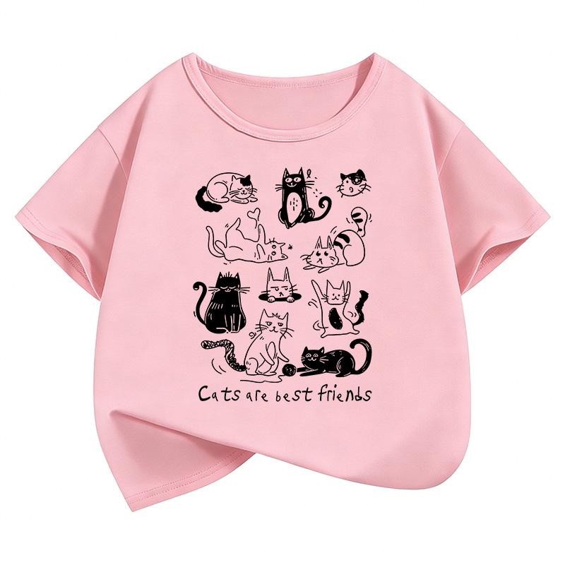 Cat Are Best Friends Design Printed T Shirts Short Sleeve Kids Childrens Tshirt Boys Girls Summer Spring Casual Top Tee Shirt