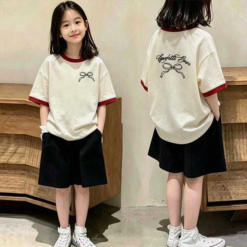 Girls' Stylish Cotton Patchwork Short-Sleeve T-shirt Set for Ages 6-15 - Summer Casual Two-Piece Set