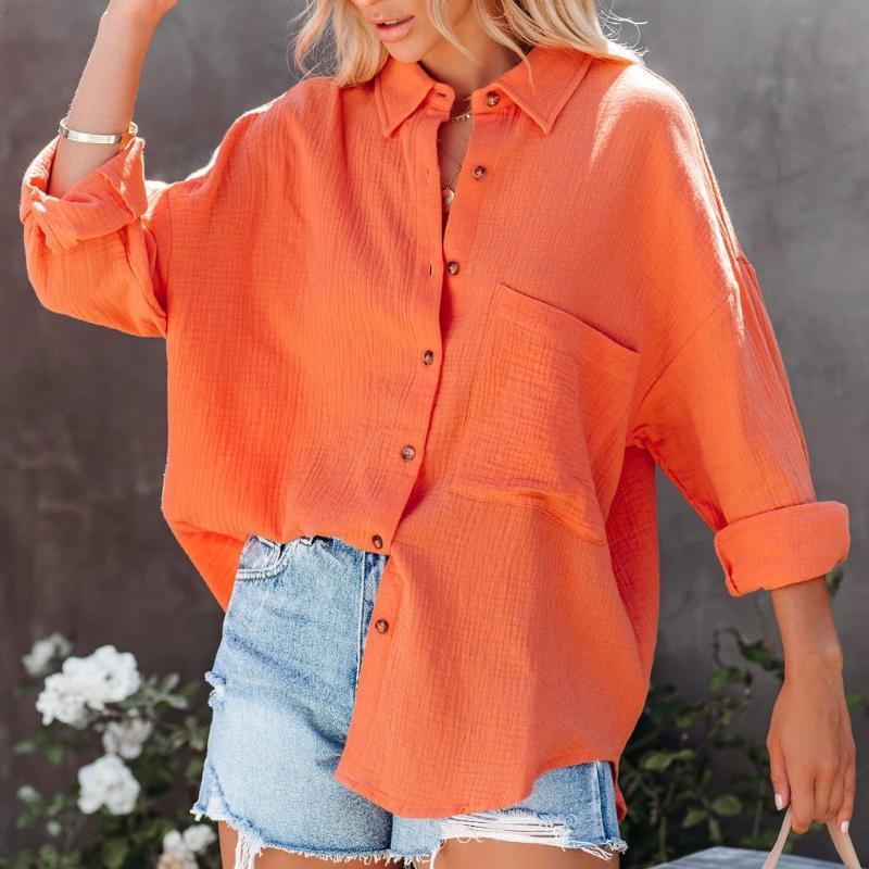 BITCED Women's Autumn Simple Long Sleeve V-Neck Button Ladies Cotton Linen Shirt