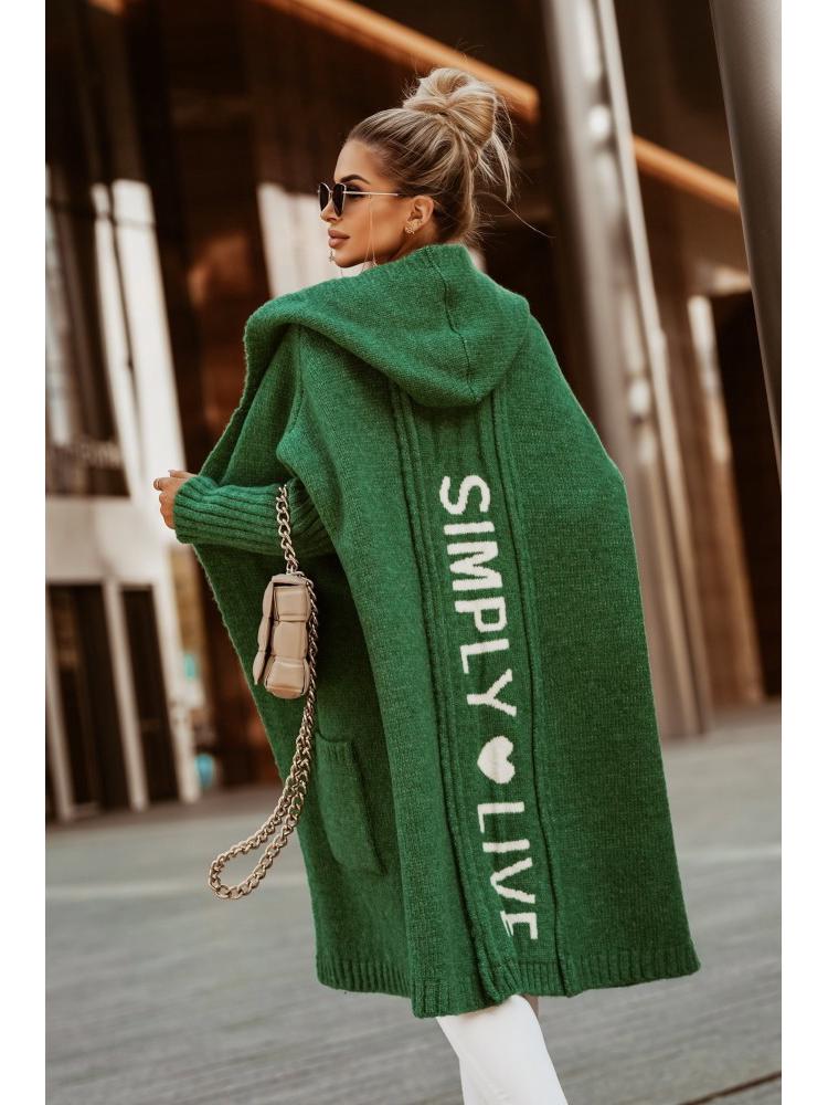 Autumn/Winter Hooded Long Cardigan Sweater with Turn-Down Collar and Letter Knit Design
