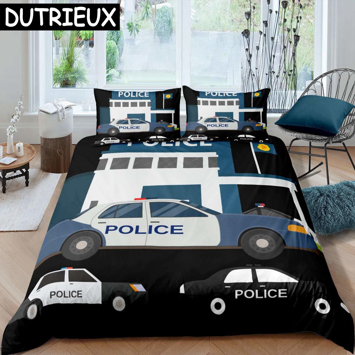 

Полицейская машина King Queen Пододеяльник Мультяшная машина Постельное белье для детей и мальчиков Синий Серый Машины для экстренных служб Полиэстеровый пододеяльник EU single(135x200cm)