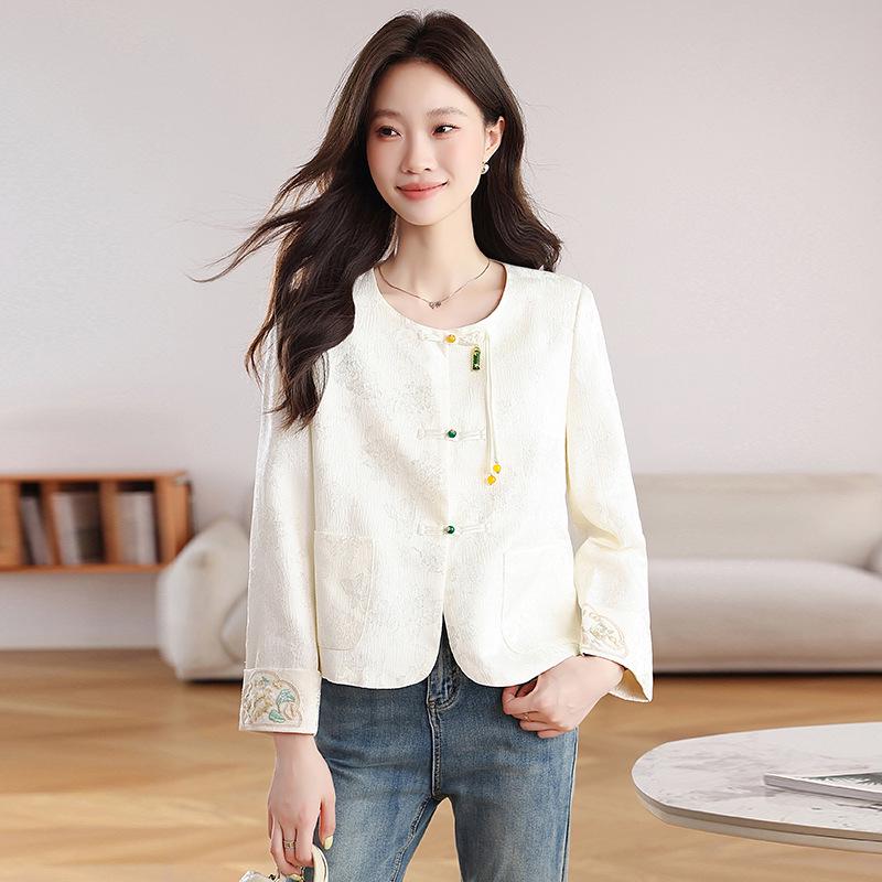 Chic New Women's Chinese-Style Jacket: Spring/Autumn Slim Fit White Embroidered Top