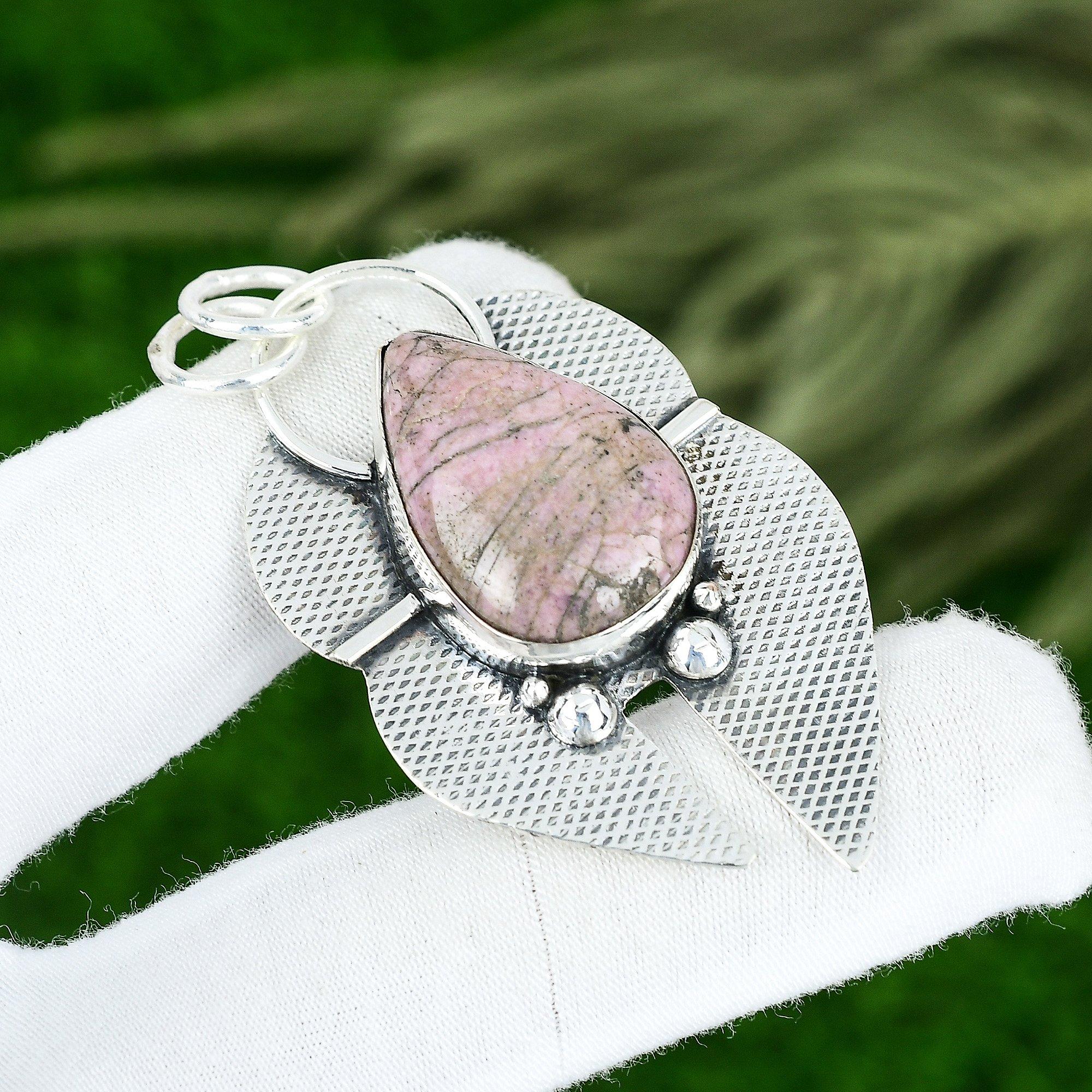 

Memorial Day Sale 925 Sterling Silver Pear Natural Rhodonite Bezel Wife Pendant