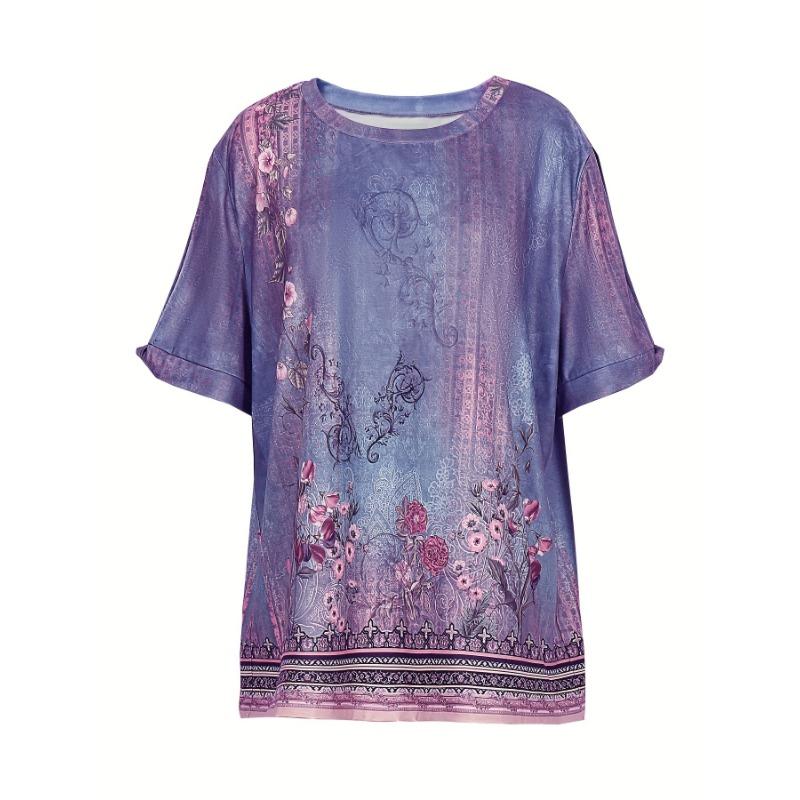 Plus Size 2026 Summer New Arrival Women's T-Shirt Casual Loose-Fit Short-Sleeved Floral Print Vintage Top For Everyday Wear