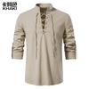 Men's New Men's Cotton and Linen Henley Shirt Long Sleeve Hippie Casual Beach Stand-Up Collar Shirt