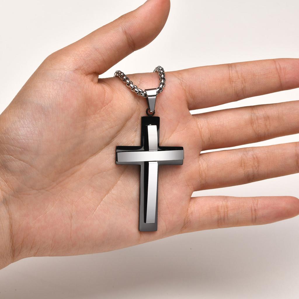 Stylish Layers Cross Necklaces for Men Boys,Two Tones Black Silver Color Cross Pendant, Religion Prayer Collar