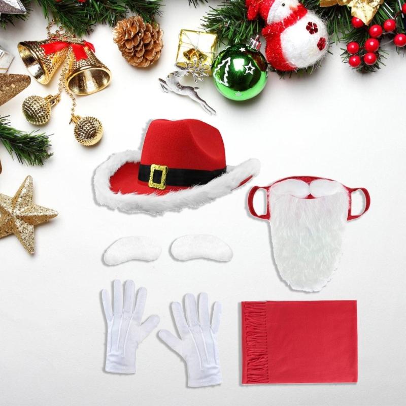Christmas Cowman Hat Scarf Self Adhesive Eyebrows, Santa Mask with Long Beards for Women Men
