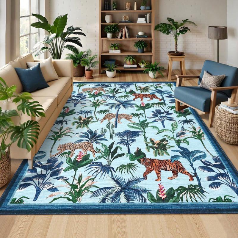 Tropical Jungle Plants Carpet Tiger Print Carpet Soft Thin Carpet Indoor Floor for Bedroom Living Room Office Kitchen Carpets