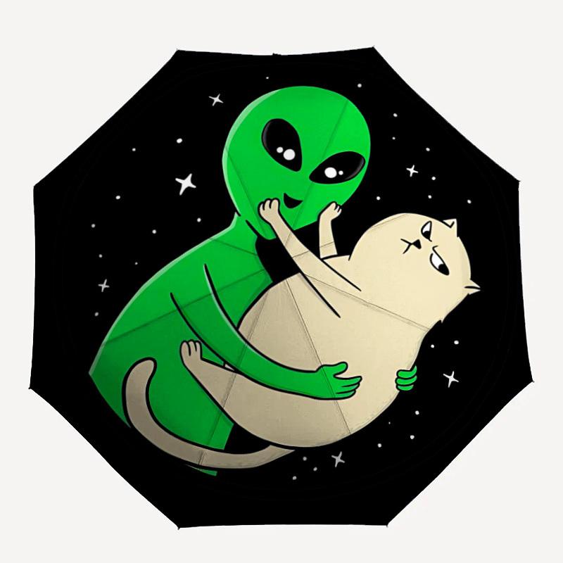 

1pc Alien Cat UFO Automatic Folding Umbrella with 8 Bones, 3-Fold Compact Umbrella, Compact Design On-the-Go Essential, casual outdoor acces