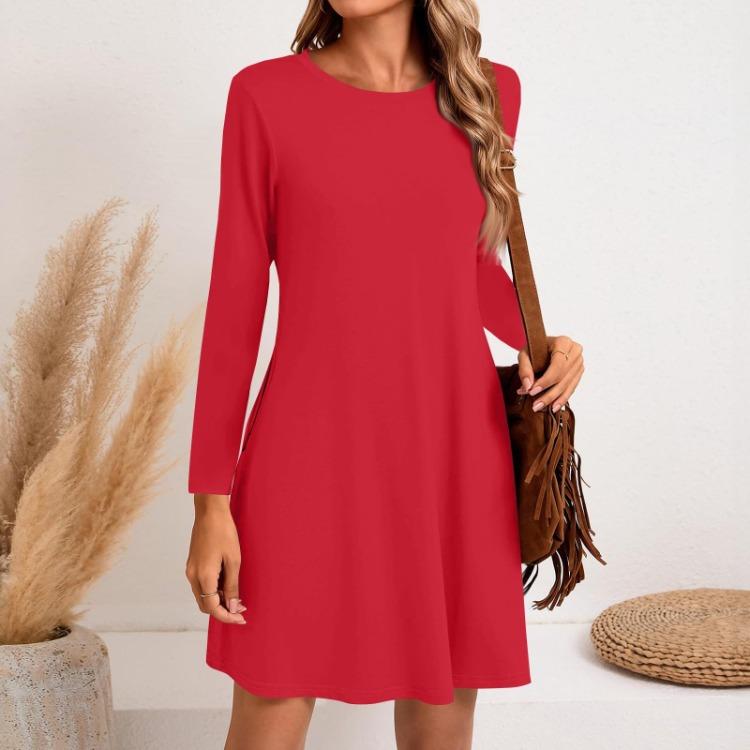 Casual Long Sleeve Side Pocket Dress Women Solid Color Round Neck Fashion