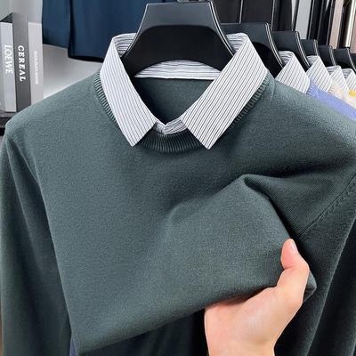 Herren Herbst Strickpullover mit Revers: Zweiteiliger T-Shirt-Kragen, Lockeres Basis-Oberteil im Dad-Stil