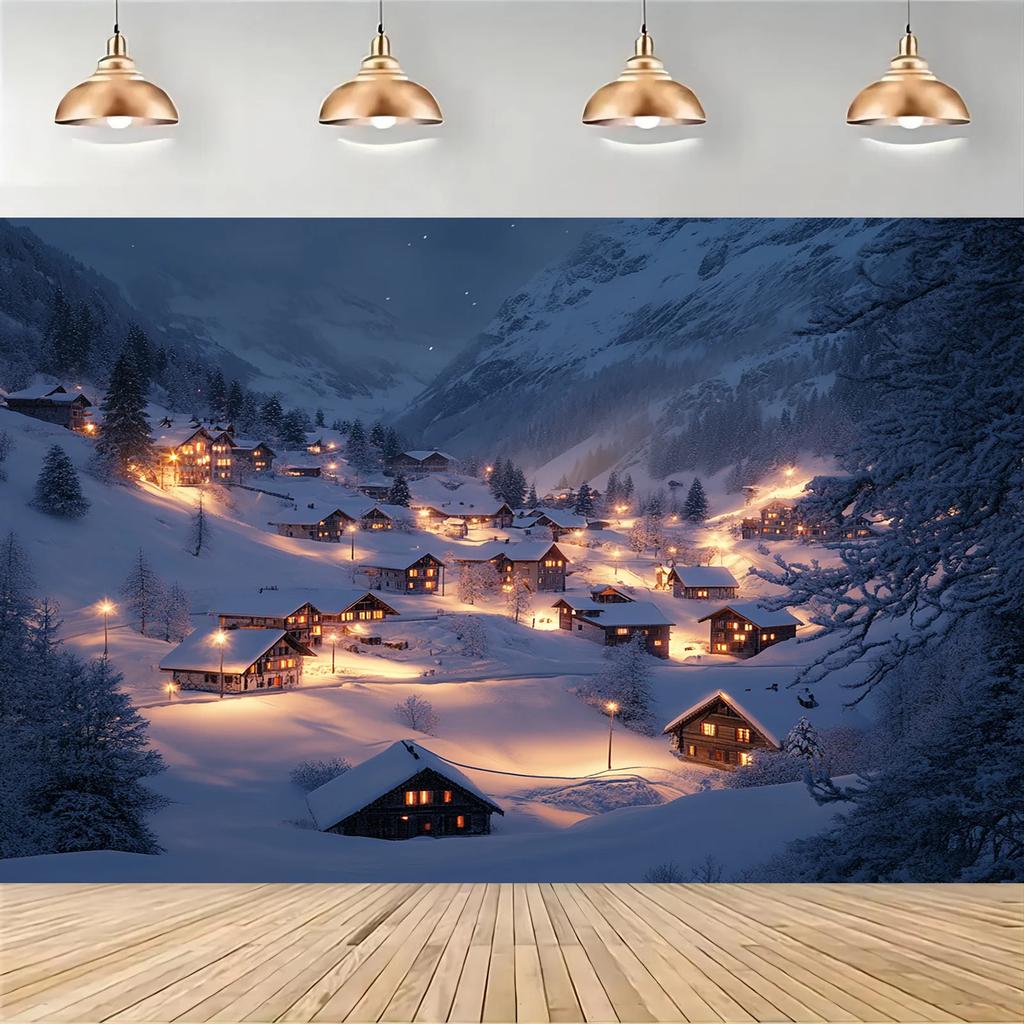 One winter wonderland polyester banner - Snow scene of the French Alps village suitable for birthdaysZL