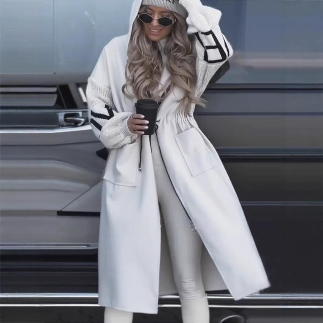 

Женское осенне-зимнее пальто с капюшоном, боковыми карманами, лоскутное вязаное пальто с рукавами, с буквенным узором, свободное, средней длины, с завязками на талии, однотонное пальто XS