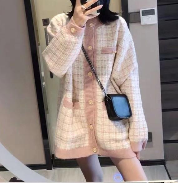 Women's Loose Houndstooth Knit Cardigan - Korean Style, Autumn 2026