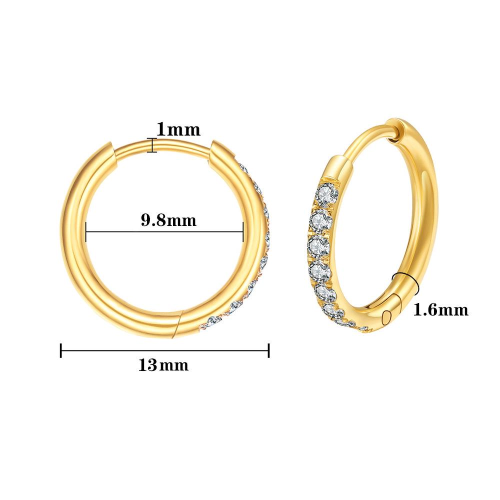 Gold Zirconia Stainless Steel Hoop Earrings - Versatile Round Micro Paved Studs with Stones.