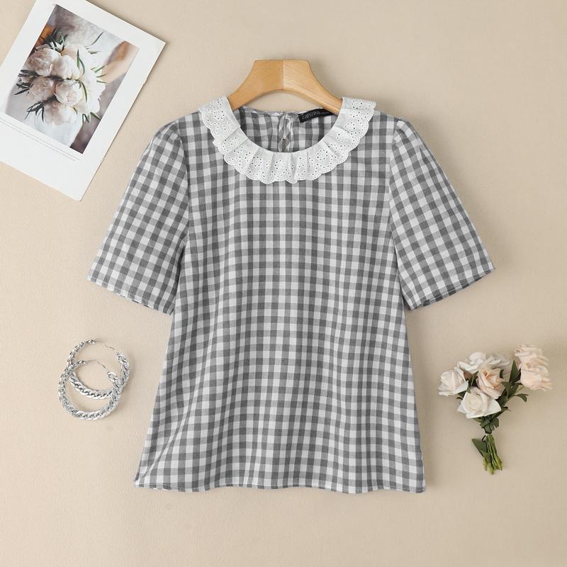 

ZANZEA Women Patchwork Round Neck Casual Short Sleeve Grid Print Blouse 2XL