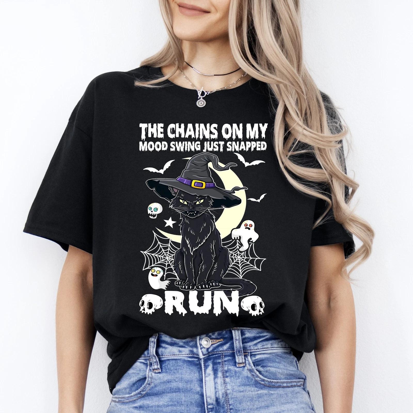 Run Halloween Unisex T-Shirt Scary mood swing snapped black cat tee Black Dark C L