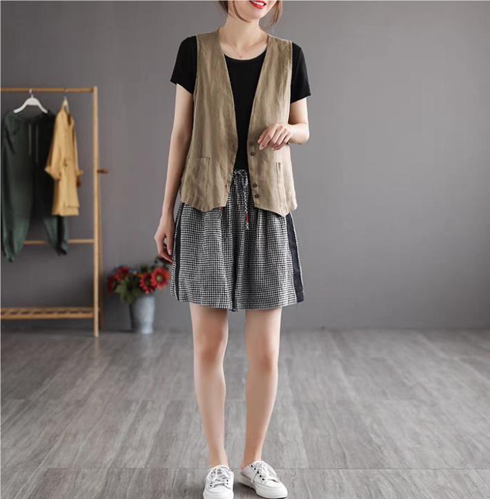 Summer Retro Cotton Vest Women's Loose Thin Versatile Sleeveless Coat Solid Color Casual Waistcoat Tops Cardigan Short Jackets
