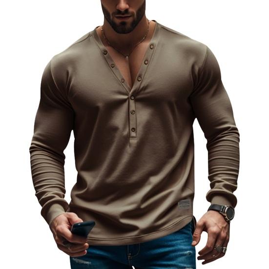 Yousheng Men Spring Autumn Top Button Decor V Neck Long Sleeves Solid Color Pullover T-shirt Stretchy Slim Fit Fitness Sport Top