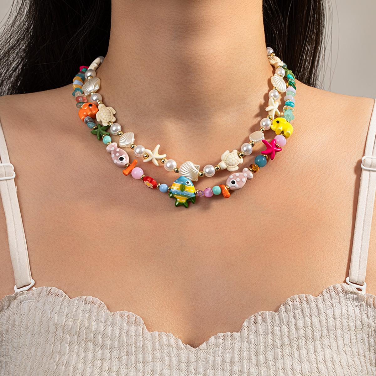 

2 random colored ceramic elephant fish bead necklaces, double-layer layered imitation pearl starfish women s necklace