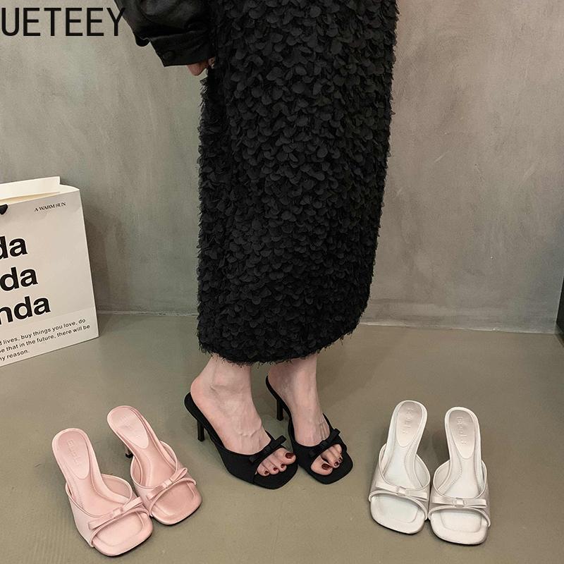 Designer Stil Partykleid Damen Hausschuhe Schuhe Mode Schmetterlingsknoten Sommer Zehenfrei Hoher Absatz Damen Pantoletten