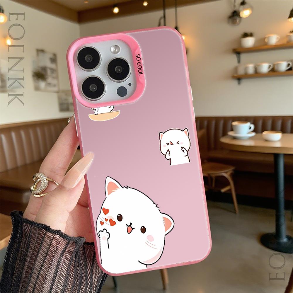 Cute White Cat Cartoons Phone Case for Iphone 16 15 14 13 12 11 Pro Max/Mini Shockproof Anti-Scratch Premium Hard Cover