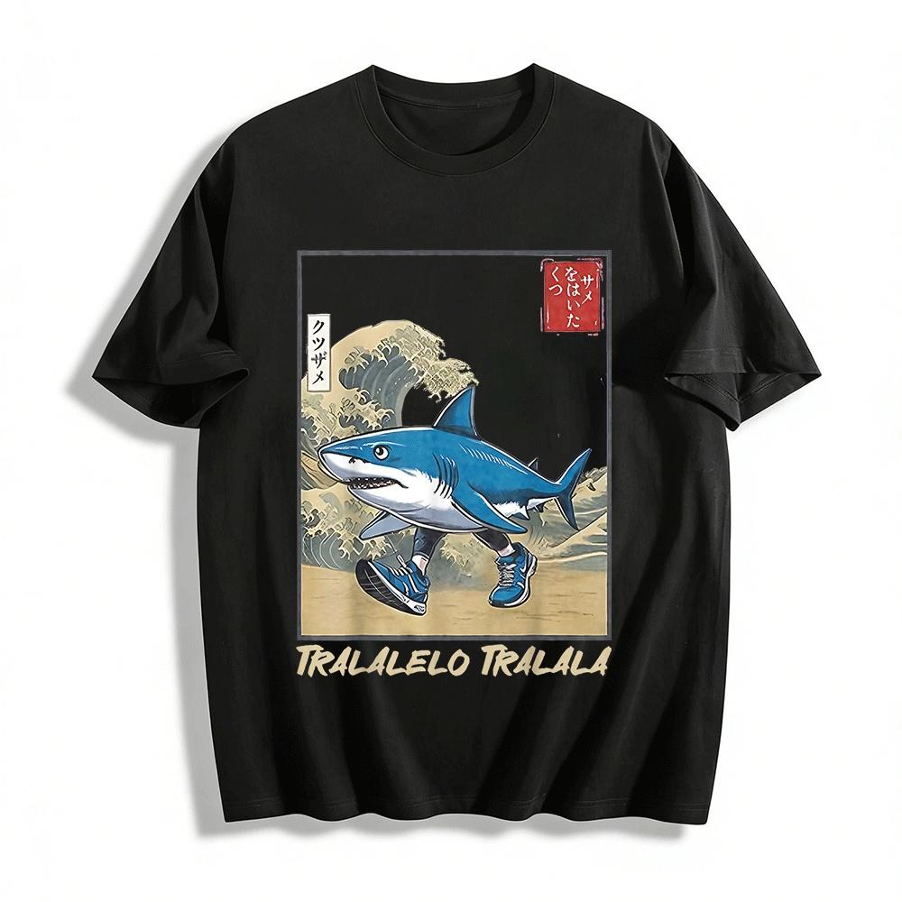 Ukiyo-e Style Shark With Sneakers Graphic Casual Tee Pure cotton T-shirt XXS