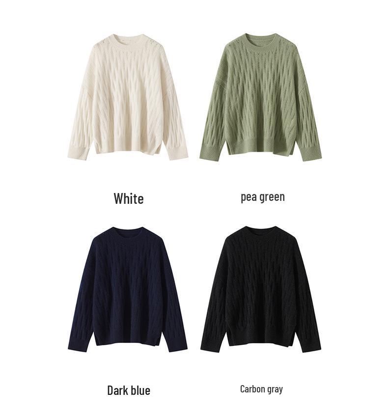 Women's 100% Pure Cashmere Hollow Out Cable Knit Round Neck Sweater - Autumn Winter Retro Pullover
