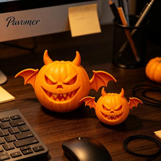 Pumpkin Table Centerpiece 2Pcs 3D Printed Demon Figurine, Devil Statue with Bat Trick or Treat Party Prop Wings & Horns, Spooky Sculpture for
