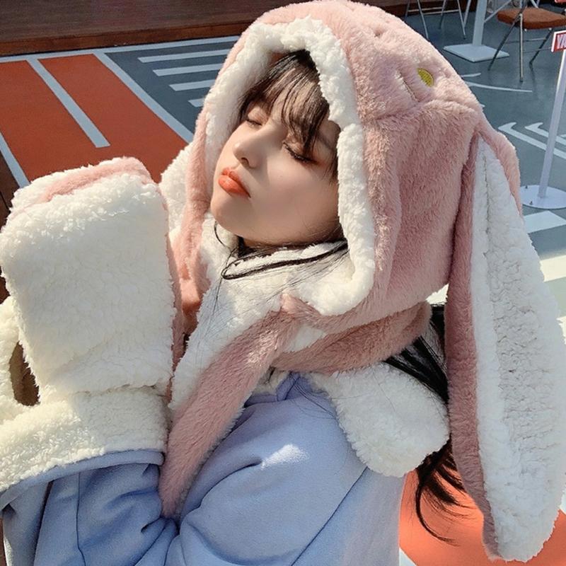 3in1 Winter Hat Glove Scarf Set Warmer Soft Plush Cartoon Rabbit Hat for Student