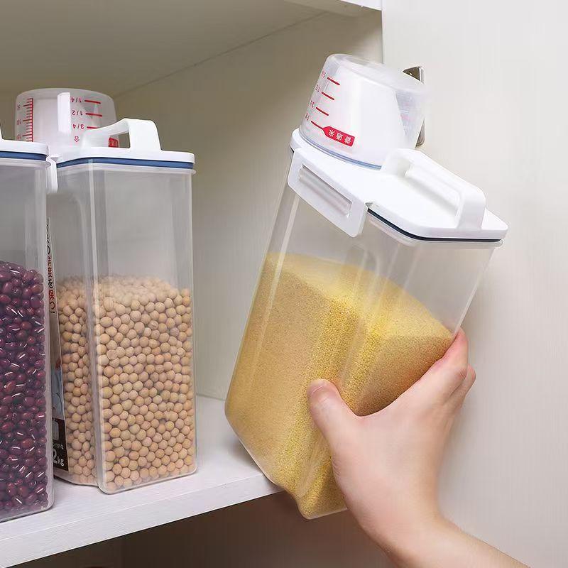 Japanese Airtight Storage Container - Plastic Rice & Grain Bin with Measuring Cup, Pet Food Canister (Anti-Moisture/Pest Proof)