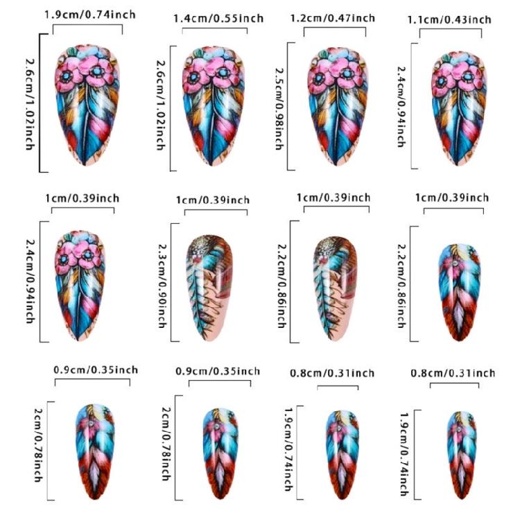 24 Stück Mittlere Mandel-Press-On-Nägel mit bunten Blumenmustern und Strasssteindetails Künstlicher Nagel Winter Falscher Nagel