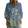 Women's Button Front Shirt Vintage Floral Print Three Quarter Sleeve Loose Fit Collar Top Casual Blouse
