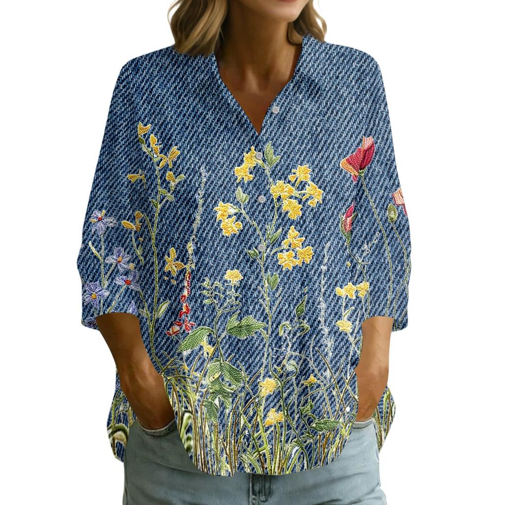 Women's Button Front Shirt Vintage Floral Print Three Quarter Sleeve Loose Fit Collar Top Casual Blouse