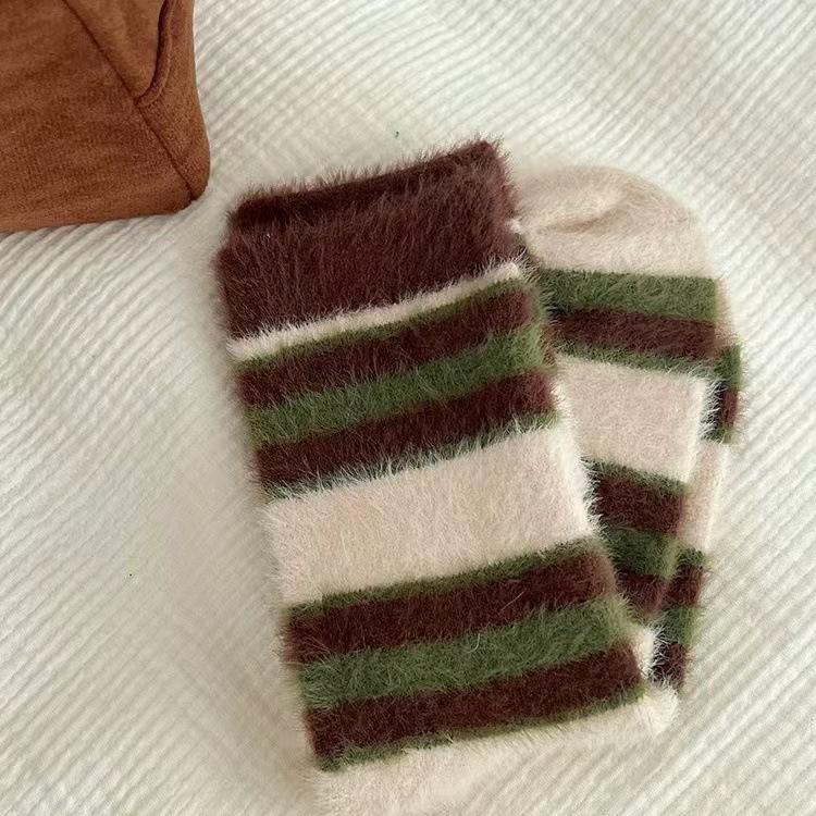 Mink Velvet Socks Warm Korean Retro Color Matching Striped Socks Girl Medium Tube Socks Thickened Velvet Confinement Socks