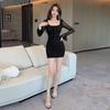 MM women's French sexy long-sleeved mesh hip-wrapped dress tide