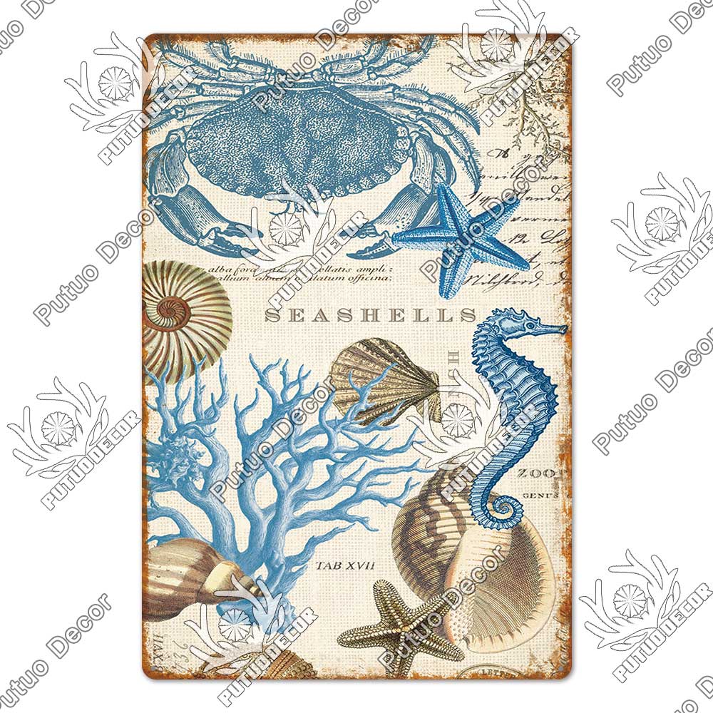 Decor Marine Animals Tin Sign Vintage Plaque Metal Wall Retro Posters for Beach Bar House Decorative Art Iron Painting