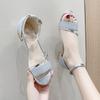 Foreign trade large size 2025 summer Rome one-word buckle casual thick heel sandals versatile rhinestone dew rhinestone decoration