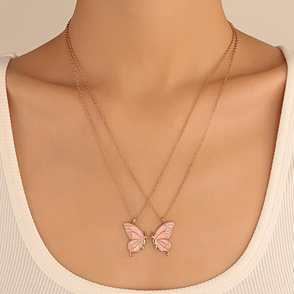 Split Butterfly Pendant Necklace Set Pink Enamel Matching Butterfly Necklaces for Best Friends