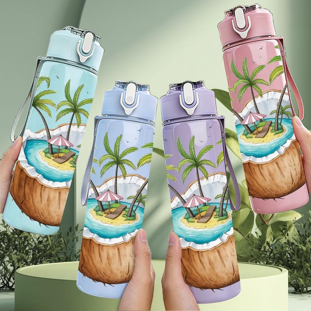 1PC Tropical Coconut Island Palm Tree Print 750ml Color Plastic Sports Water Bottle Leakproof Flip Straw Lid Suitable for Sports Office Home Use