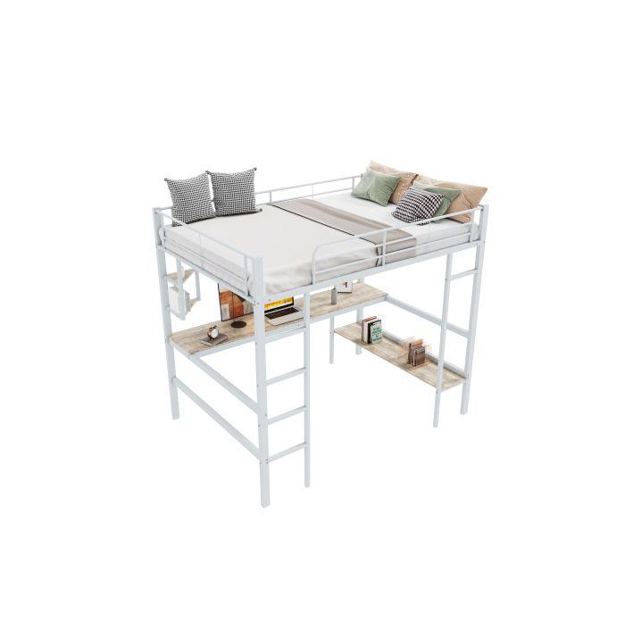90x200cm Cadre de lit Lit en métal, lit haut avec quatre petites étagères et une grande bibliothèque, blanc