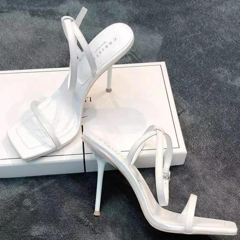 

мода Модная обувь для женщин с пряжкой на ремешке, однотонные женские босоножки с открытым носком, тонкие каблуки, очень высокие женские босоножки с квадратным носком 34 белый