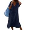 Women Casual Long Cotton V Neck Solid Color Simple Style Baggy Dress 1Pc