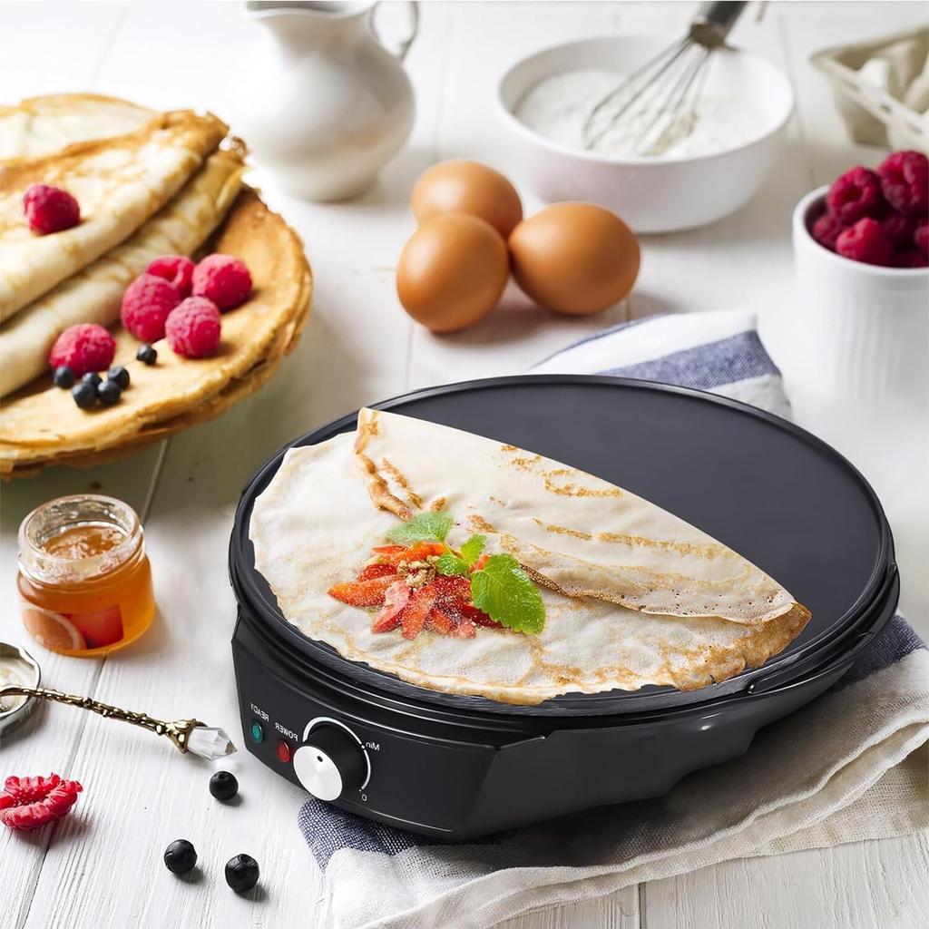 11-inch Electric Crepe Maker 1200W 50-210 Celsius Temperature Control for Rotisserie Tortillas and Blinds, No Sticks, Pancakes, Wooden Scraper and Dou
