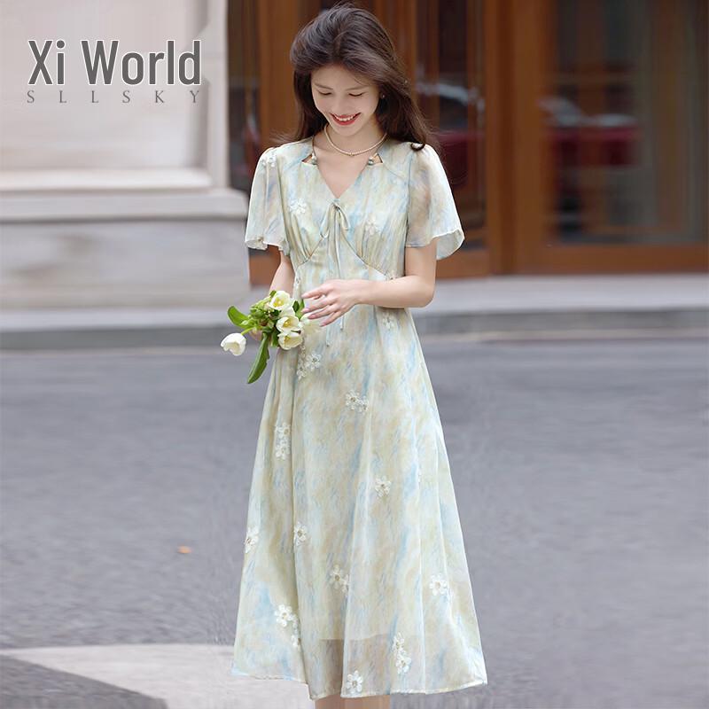 Sllsky French Elegant Floral V-Neck Dress L