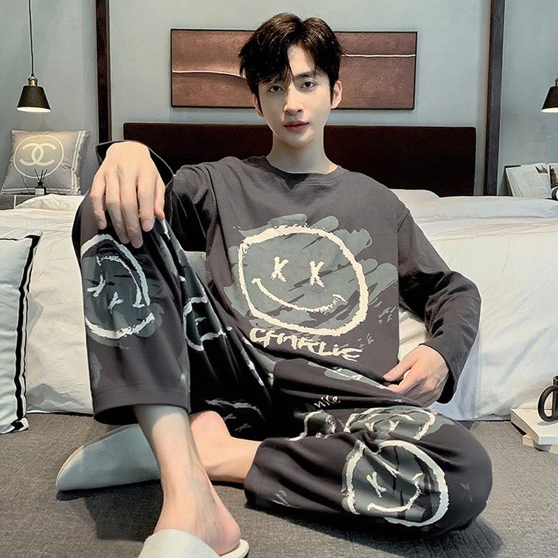 Set de pijama de desene animate pentru bărbați mărime plus: Mânecă lungă, Subțire, pentru Primăvară, Toamnă și Iarnă - Haine de casă pentru Adolescenți și Studenți.