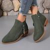 Women's Shoes, Women's Boots, Suede, Round Toe, Side Zipper, Thick Heel, Leather Boots, Women's Short Boots